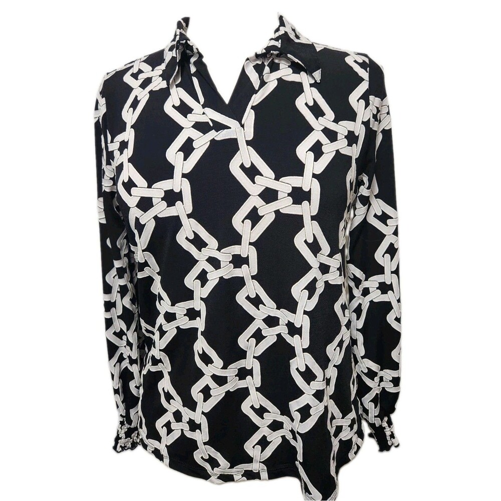 80 Park Womens Top Small Black White CHAINLINK  Stretch Pullover V Neck Long Slv